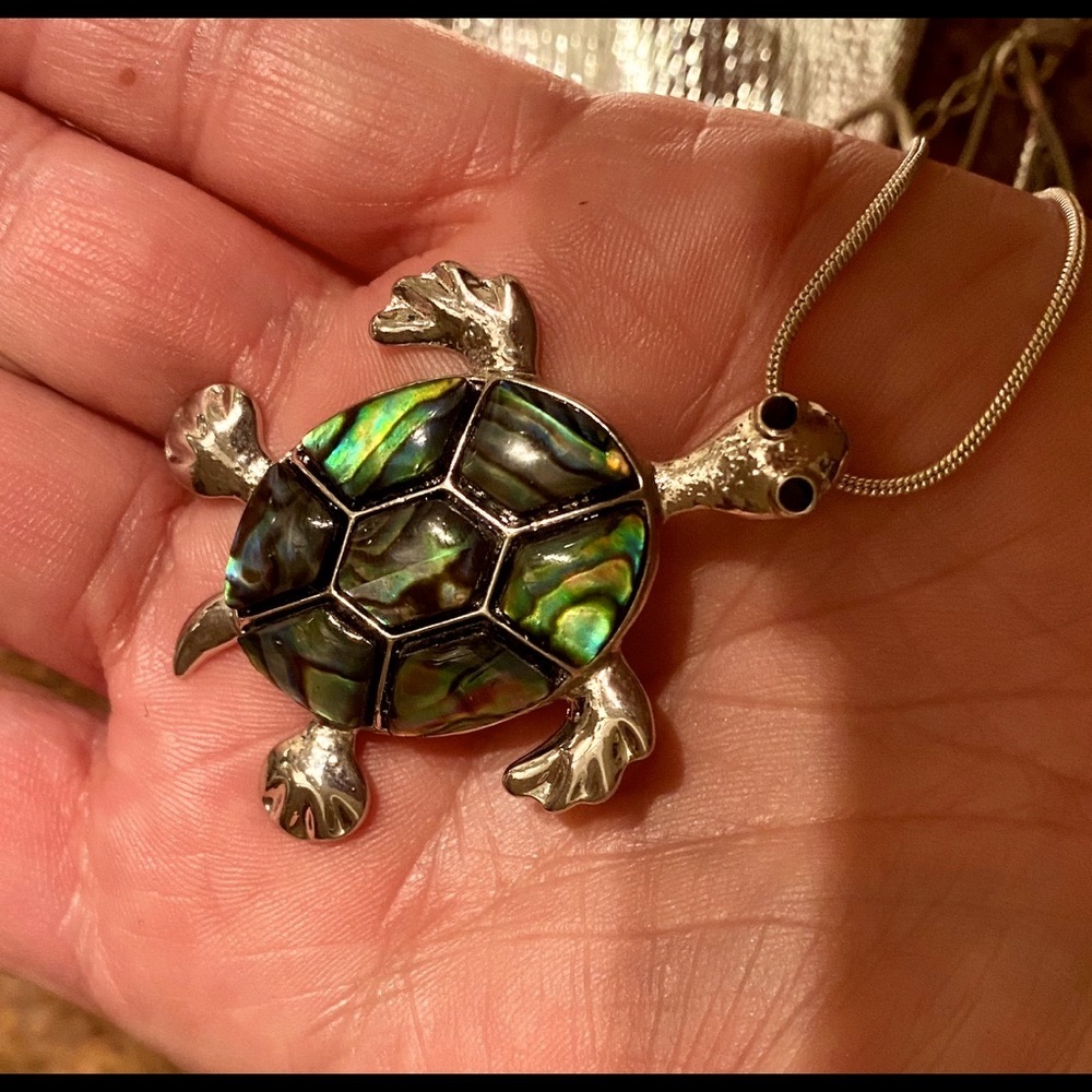 Beautiful Green Abalone Silver Turtle Necklace